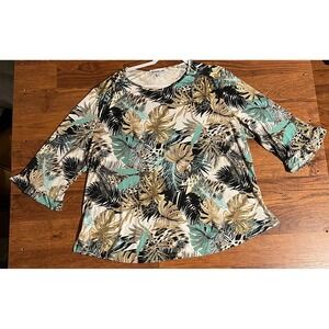 Southern Lady Tropical Palm Leaf Print 3/4 Bell Sleeve Top XL Multicolor Blouse